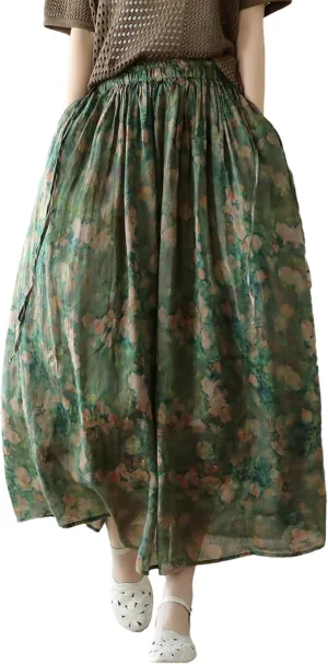 Giltpeak Women Floral Linen Maxi Skirt High Elastic Waist, Summer A-Line Cotton Flowy Long Skirt with Pocket