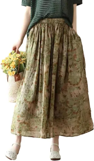 Giltpeak Women Floral Linen Maxi Skirt High Elastic Waist, Summer A-Line Cotton Flowy Long Skirt with Pocket