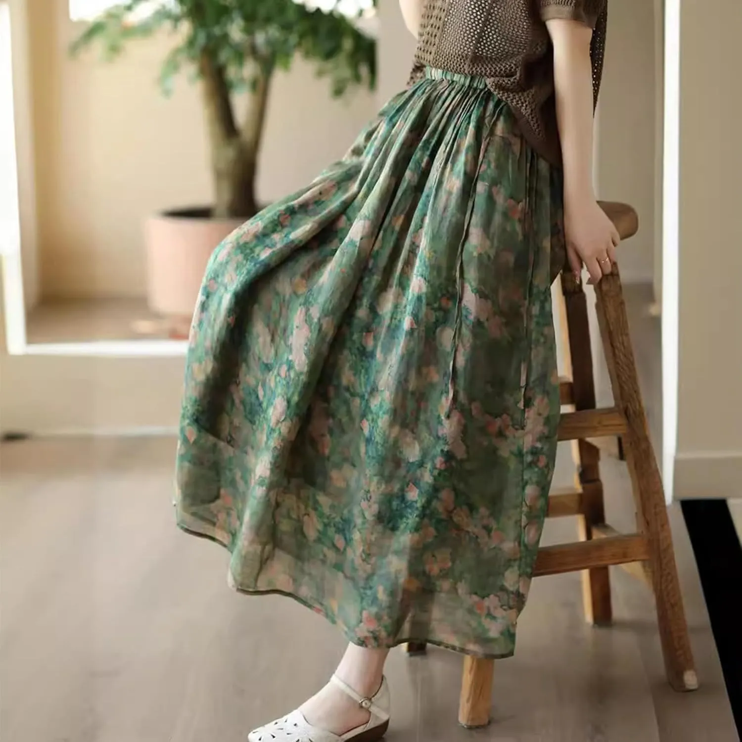 Giltpeak Women Floral Linen Maxi Skirt High Elastic Waist, Summer A-Line Cotton Flowy Long Skirt with Pocket
