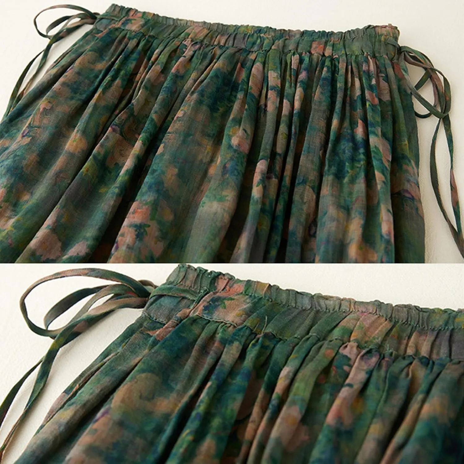 Giltpeak Women Floral Linen Maxi Skirt High Elastic Waist, Summer A-Line Cotton Flowy Long Skirt with Pocket