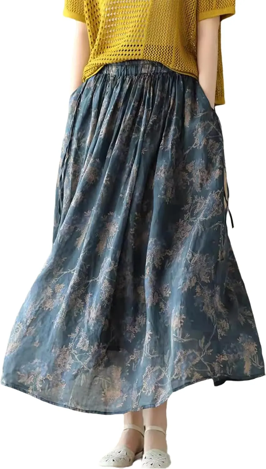 Giltpeak Women Floral Linen Maxi Skirt High Elastic Waist, Summer A-Line Cotton Flowy Long Skirt with Pocket