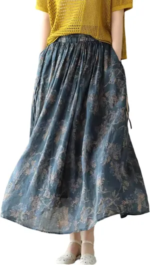 Giltpeak Women Floral Linen Maxi Skirt High Elastic Waist, Summer A-Line Cotton Flowy Long Skirt with Pocket