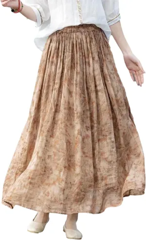 Giltpeak Women Floral Linen Maxi Skirt High Elastic Waist, Summer A-Line Cotton Flowy Long Skirt with Pocket