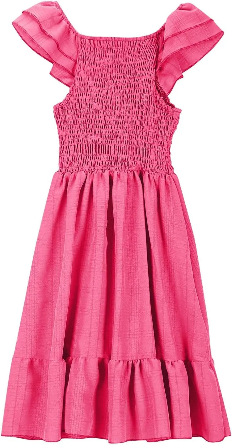 Girl's 2025 Ruffle Smocked Dresses Casual Flowy A Line Swing Midi Party Dresses Solid Pleated Daily Holiday Outfit