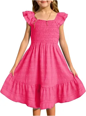 Girl's 2025 Ruffle Smocked Dresses Casual Flowy A Line Swing Midi Party Dresses Solid Pleated Daily Holiday Outfit