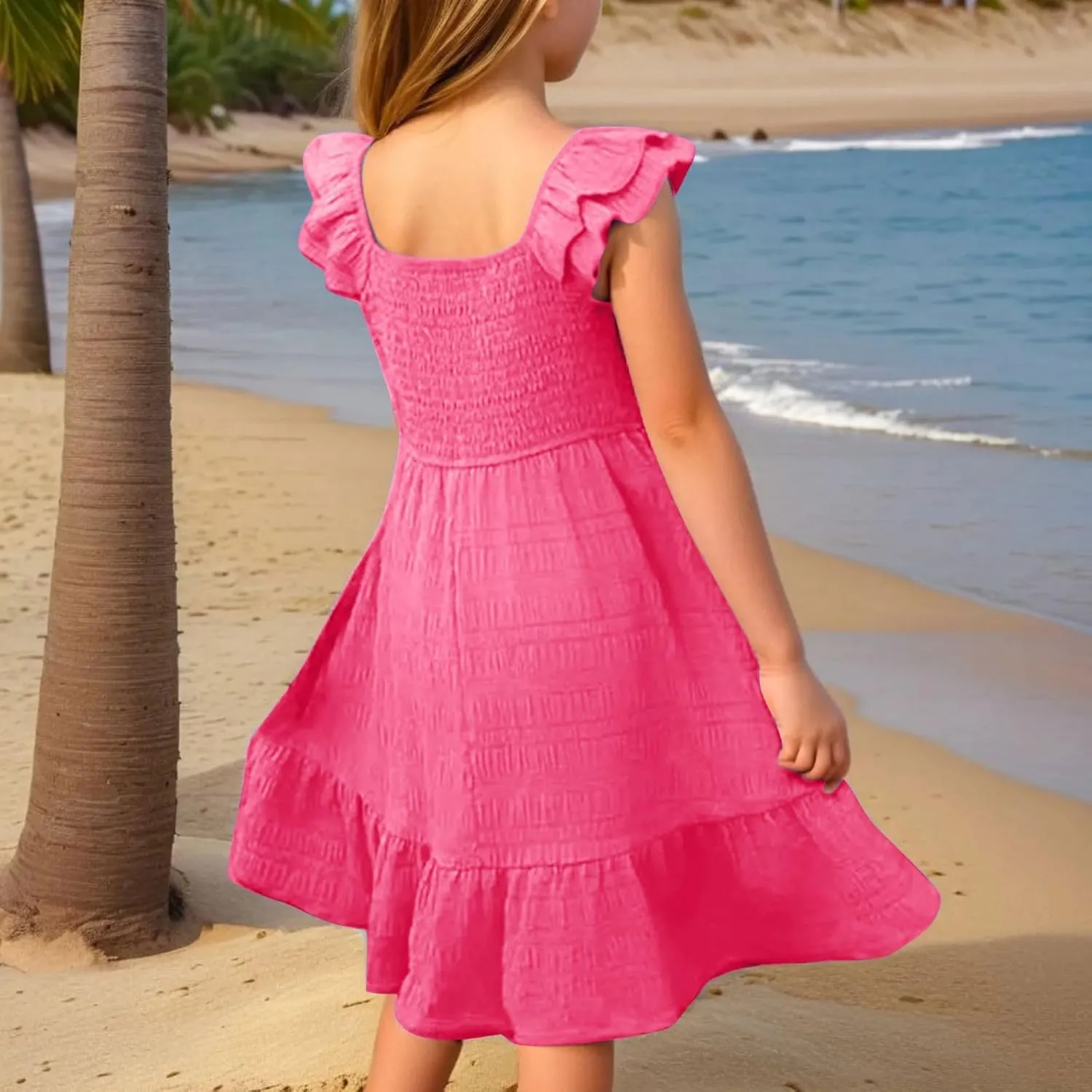Girl's 2025 Ruffle Smocked Dresses Casual Flowy A Line Swing Midi Party Dresses Solid Pleated Daily Holiday Outfit