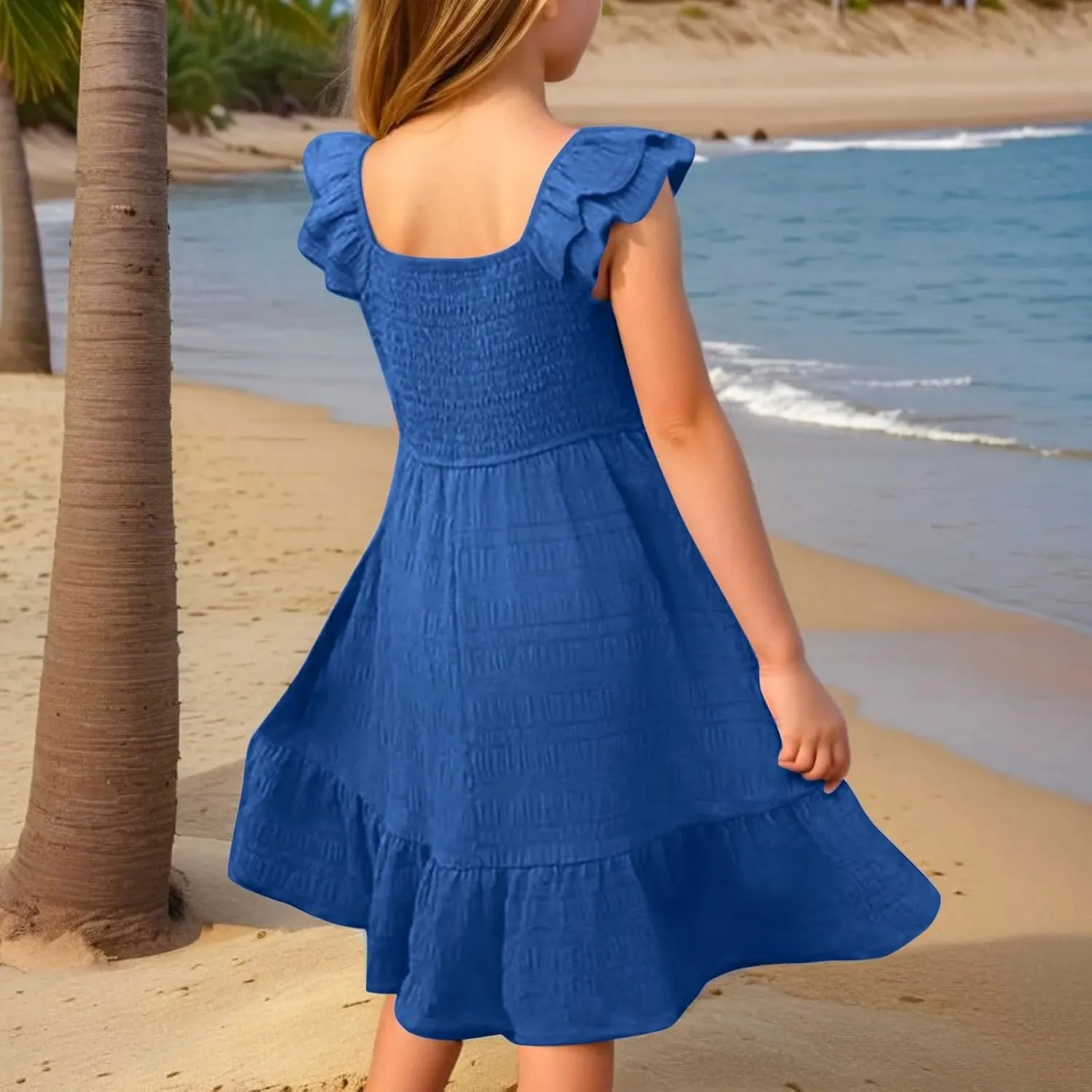 Girl's 2025 Ruffle Smocked Dresses Casual Flowy A Line Swing Midi Party Dresses Solid Pleated Daily Holiday Outfit