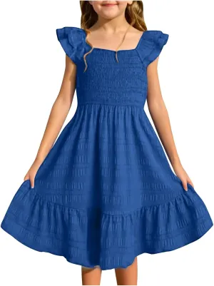 Girl's 2025 Ruffle Smocked Dresses Casual Flowy A Line Swing Midi Party Dresses Solid Pleated Daily Holiday Outfit