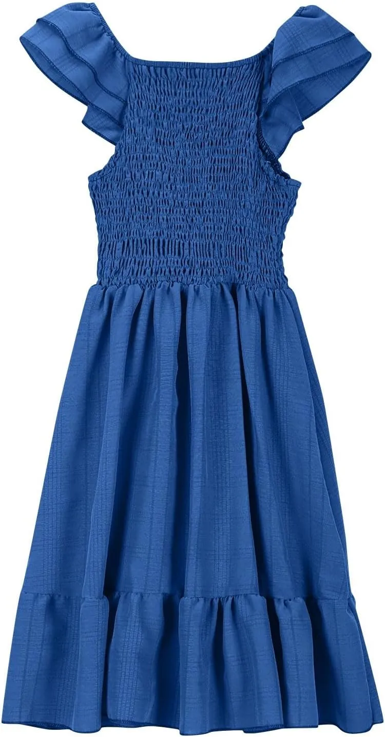 Girl's 2025 Ruffle Smocked Dresses Casual Flowy A Line Swing Midi Party Dresses Solid Pleated Daily Holiday Outfit