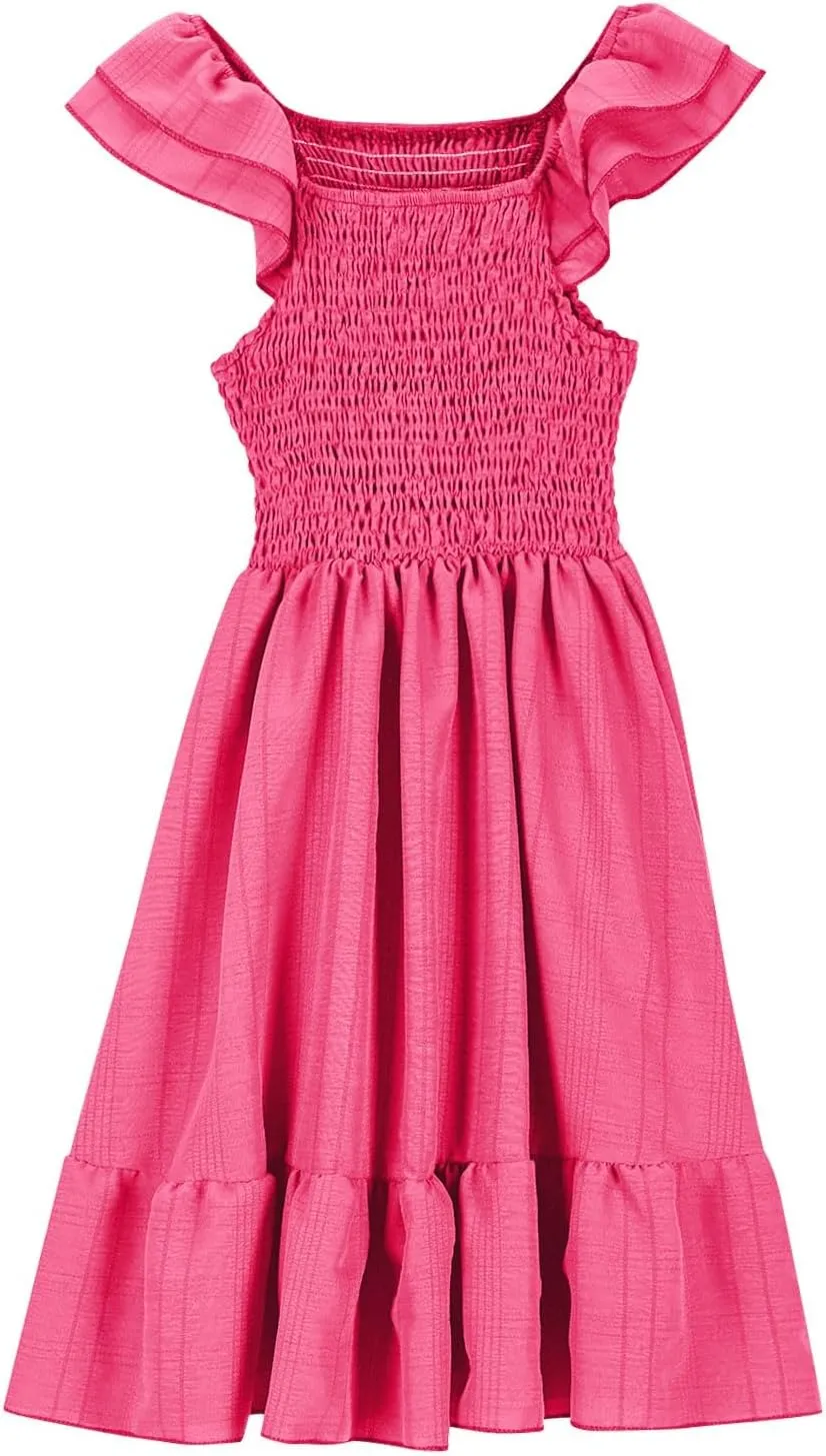 Girl's 2025 Ruffle Smocked Dresses Casual Flowy A Line Swing Midi Party Dresses Solid Pleated Daily Holiday Outfit