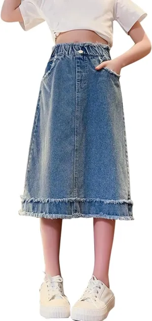 Girls Blue Denim Skirt Kids Casual Trendy Elastic Waist Outfits Zipper Pockets Vintage Maxi Long Skirt