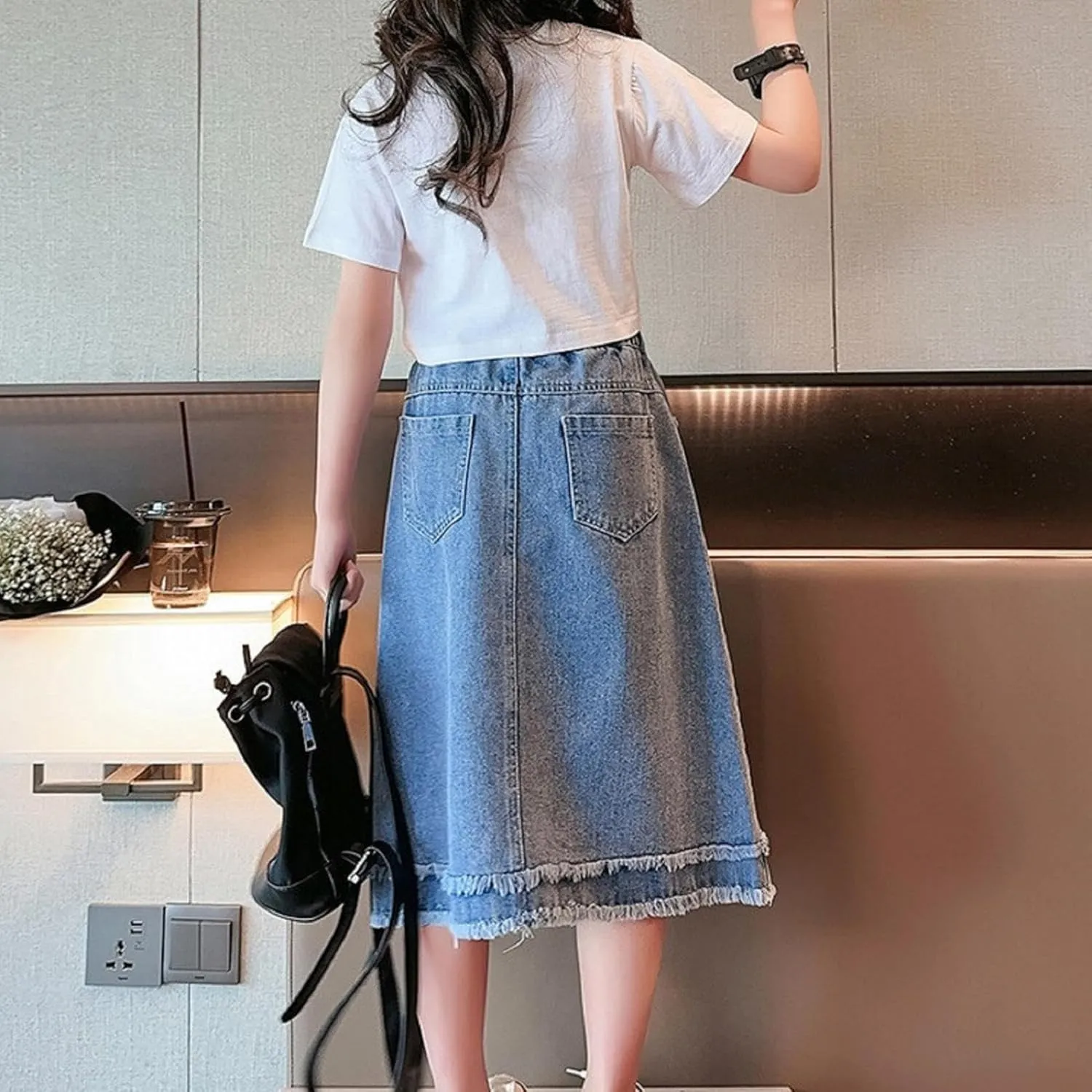 Girls Blue Denim Skirt Kids Casual Trendy Elastic Waist Outfits Zipper Pockets Vintage Maxi Long Skirt
