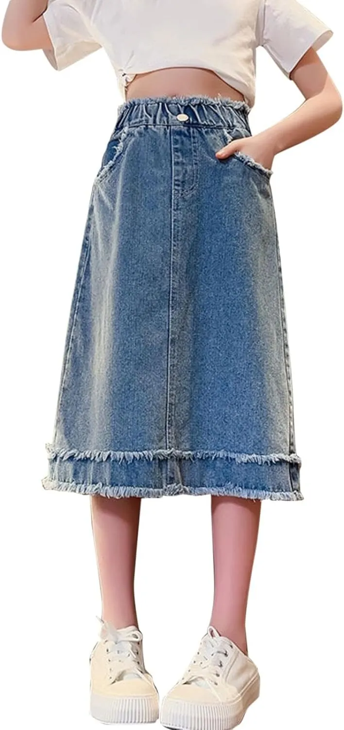 Girls Blue Denim Skirt Kids Casual Trendy Elastic Waist Outfits Zipper Pockets Vintage Maxi Long Skirt