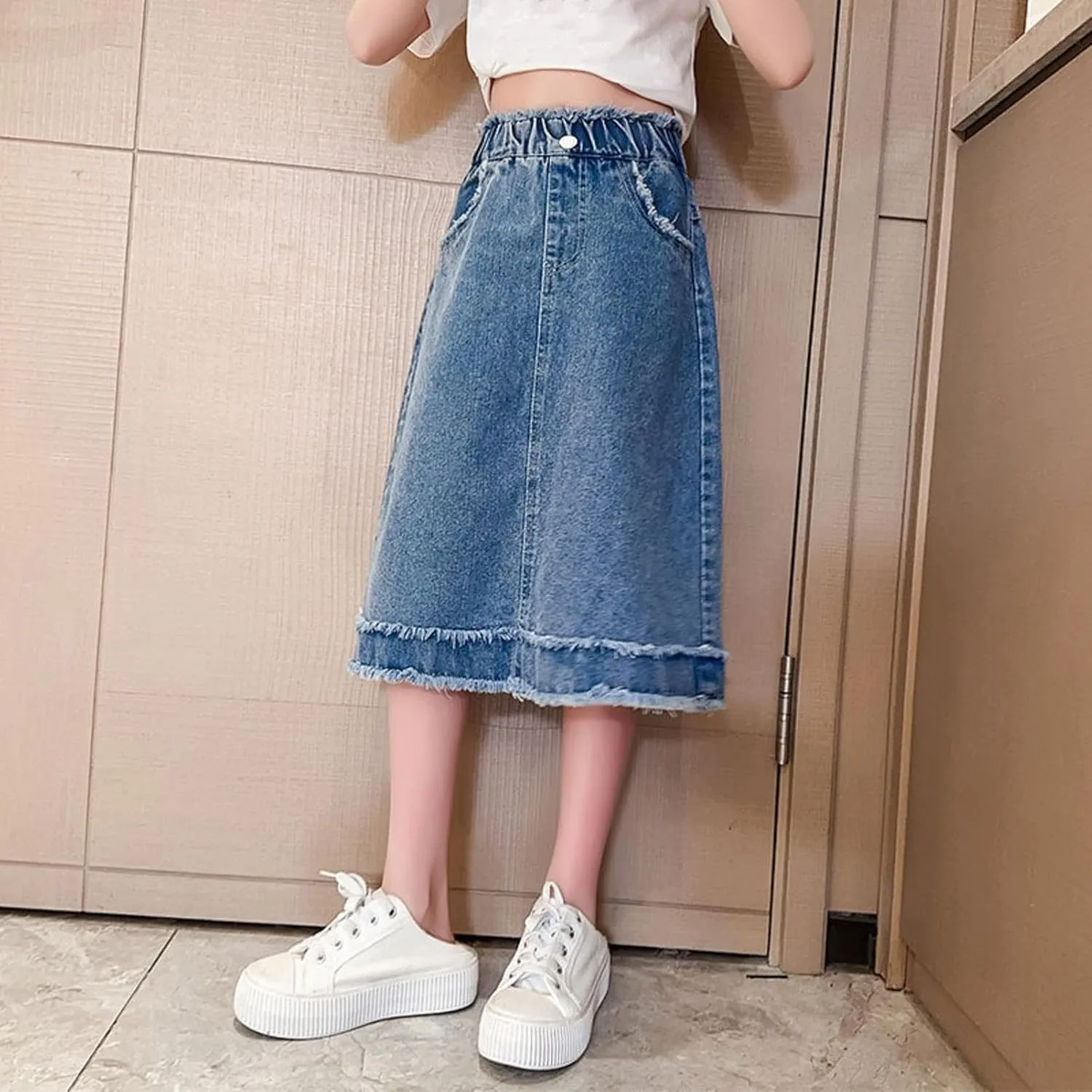 Girls Blue Denim Skirt Kids Casual Trendy Elastic Waist Outfits Zipper Pockets Vintage Maxi Long Skirt
