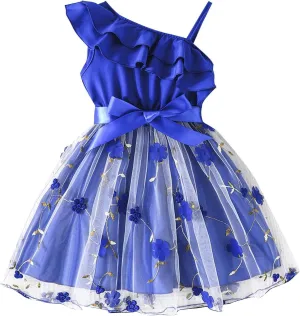 Girls Ruffle One Shoulder Summer Cute Floral Tulle Dress Kids Baby Toddler A-Line Mesh Party Dresses for 2-8 Years