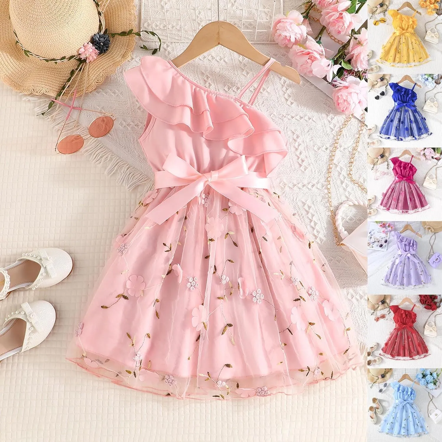 Girls Ruffle One Shoulder Summer Cute Floral Tulle Dress Kids Baby Toddler A-Line Mesh Party Dresses for 2-8 Years