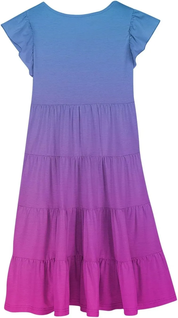 Girls Summer Dresses Double Layer Flutter Sleeve Flowy A-Line Sundress Casual Gradient Midi Dresses for 6-15 Years