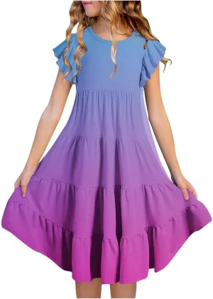 Girls Summer Dresses Double Layer Flutter Sleeve Flowy A-Line Sundress Casual Gradient Midi Dresses for 6-15 Years