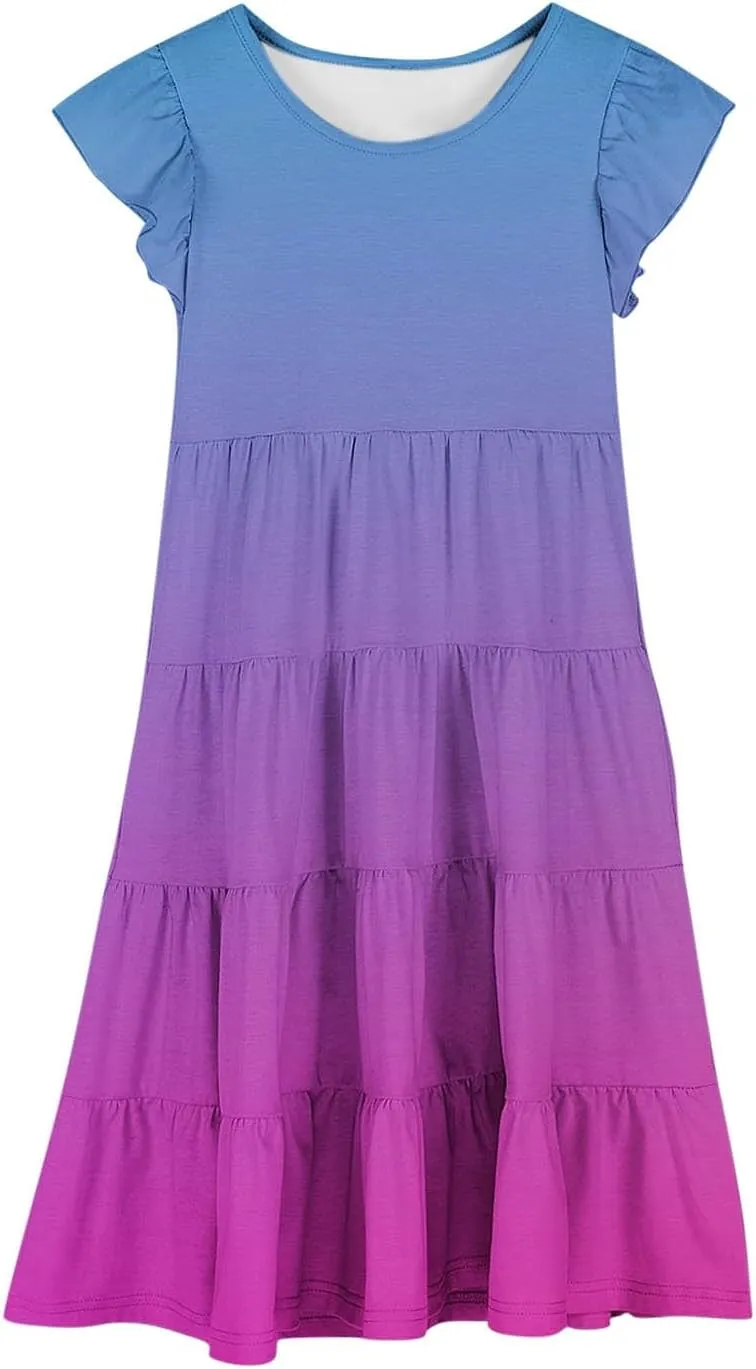 Girls Summer Dresses Double Layer Flutter Sleeve Flowy A-Line Sundress Casual Gradient Midi Dresses for 6-15 Years
