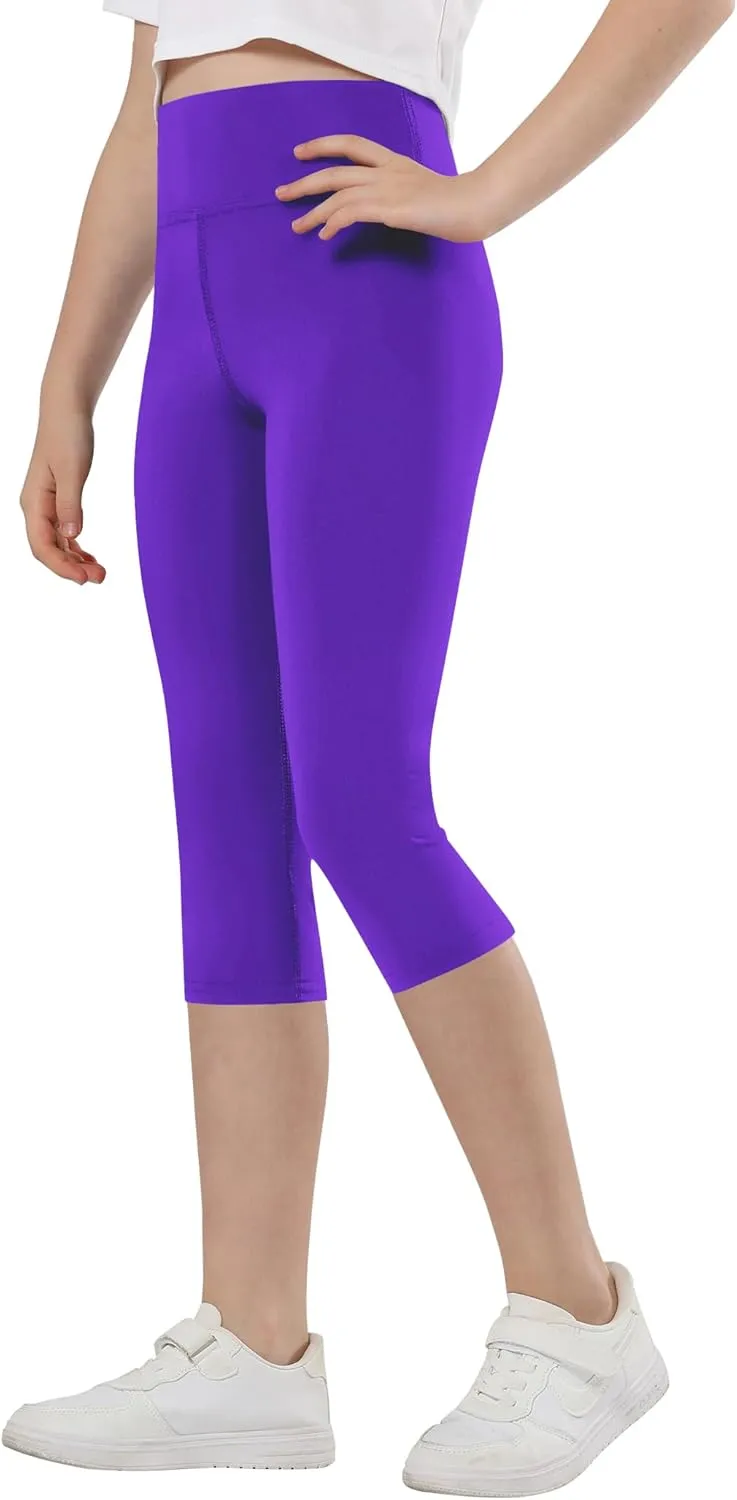 Gnainach Girls Capri Leggings High Waisted Compression Pants Stretch Active Yoga Tights for Kids Teen Workout Running