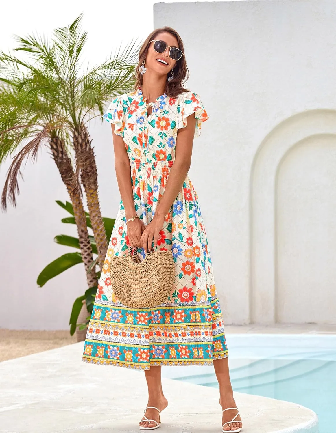 GRACE KARIN Women's Floral Boho Dress Hawaiian Dresse Short Sleeve V Neck Summer Beach Wedding Guest Swing Maxi Sundress