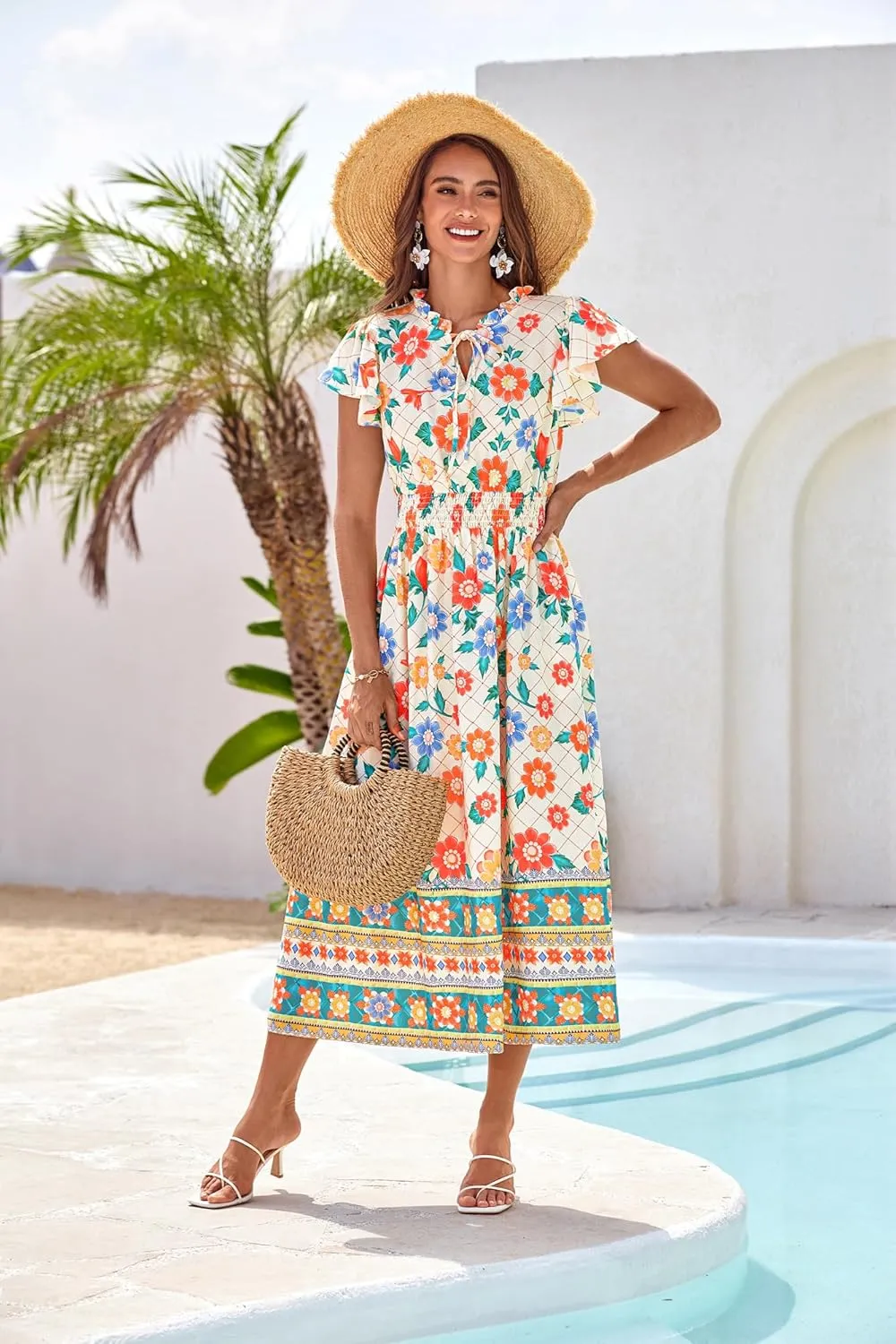 GRACE KARIN Women's Floral Boho Dress Hawaiian Dresse Short Sleeve V Neck Summer Beach Wedding Guest Swing Maxi Sundress