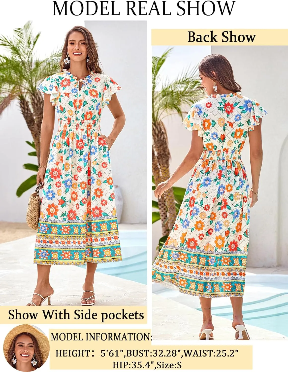 GRACE KARIN Women's Floral Boho Dress Hawaiian Dresse Short Sleeve V Neck Summer Beach Wedding Guest Swing Maxi Sundress