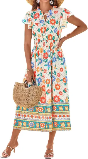 GRACE KARIN Women's Floral Boho Dress Hawaiian Dresse Short Sleeve V Neck Summer Beach Wedding Guest Swing Maxi Sundress