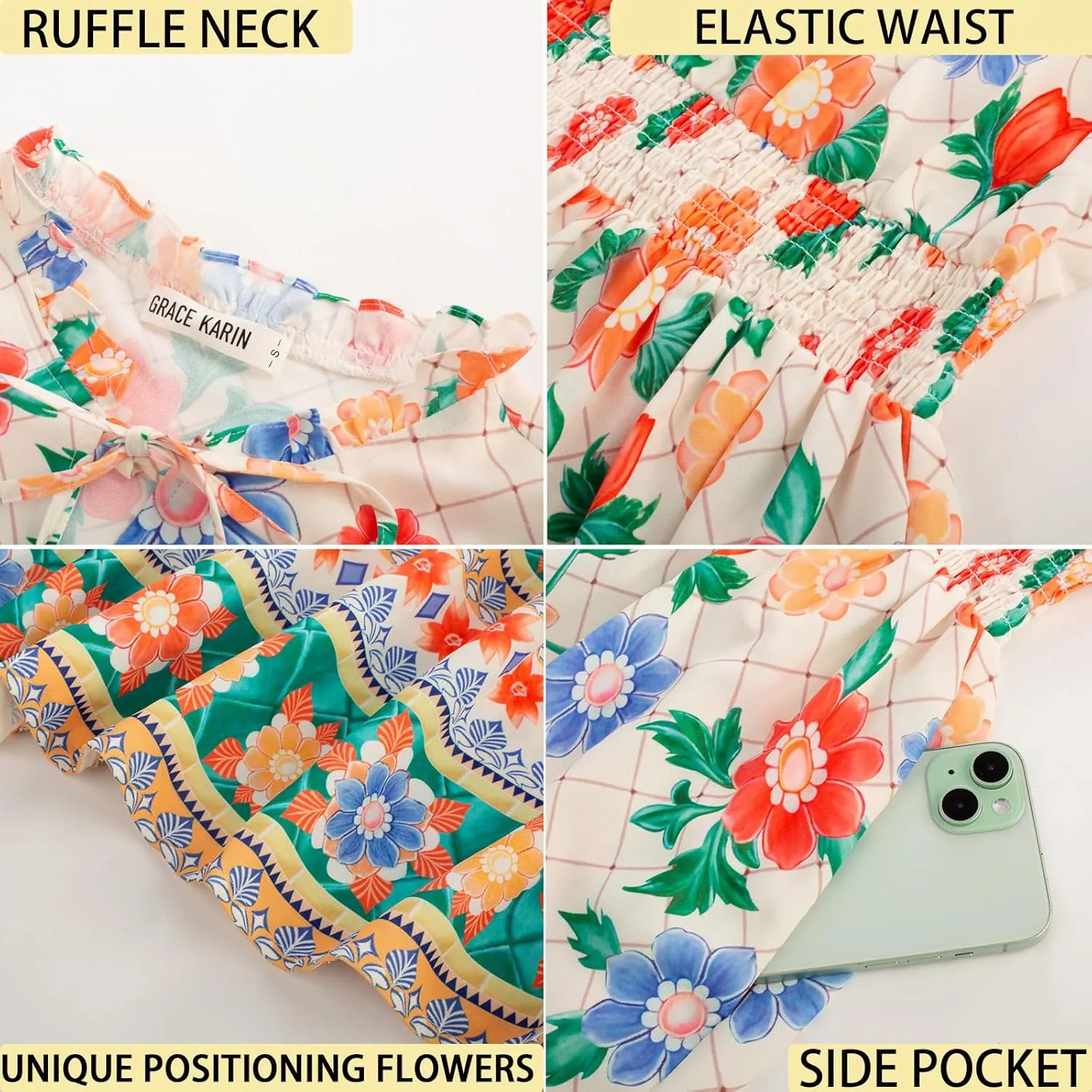GRACE KARIN Women's Floral Boho Dress Hawaiian Dresse Short Sleeve V Neck Summer Beach Wedding Guest Swing Maxi Sundress