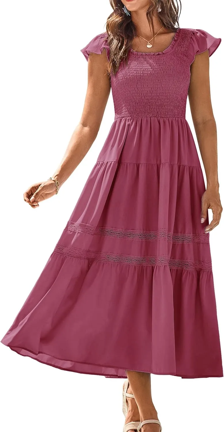 GRACE KARIN Womens Summer Dress Casual 2025 Flutter Sleeve Square Neck Smocked Boho Beach Dresses Tiered Midi Long Sundress