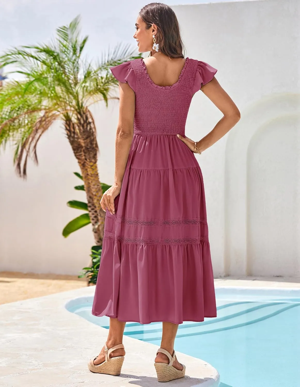 GRACE KARIN Womens Summer Dress Casual 2025 Flutter Sleeve Square Neck Smocked Boho Beach Dresses Tiered Midi Long Sundress
