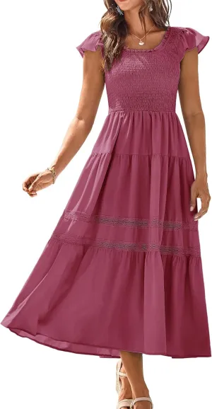 GRACE KARIN Womens Summer Dress Casual 2025 Flutter Sleeve Square Neck Smocked Boho Beach Dresses Tiered Midi Long Sundress