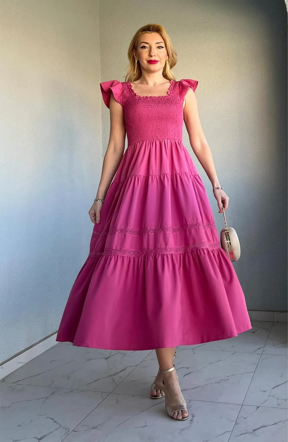 GRACE KARIN Womens Summer Dress Casual 2025 Flutter Sleeve Square Neck Smocked Boho Beach Dresses Tiered Midi Long Sundress