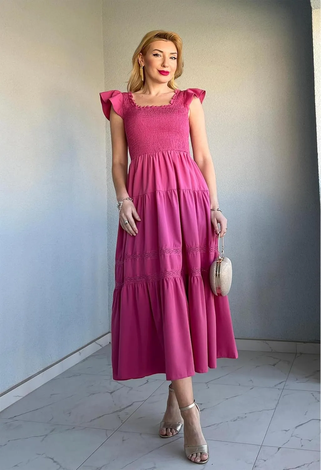 GRACE KARIN Womens Summer Dress Casual 2025 Flutter Sleeve Square Neck Smocked Boho Beach Dresses Tiered Midi Long Sundress