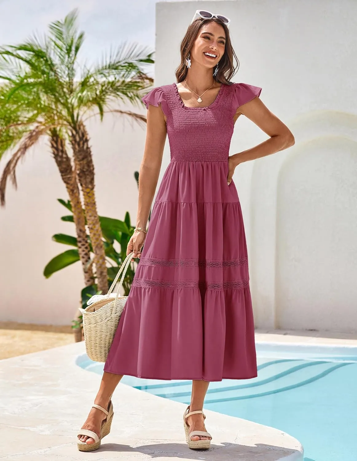 GRACE KARIN Womens Summer Dress Casual 2025 Flutter Sleeve Square Neck Smocked Boho Beach Dresses Tiered Midi Long Sundress