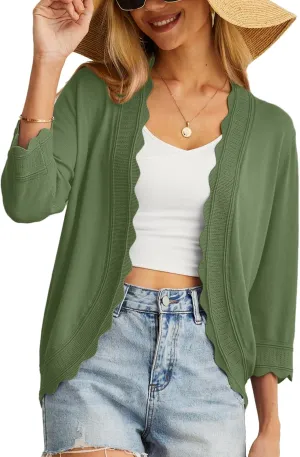 GRECERELLE Women's 3/4 Sleeve Summer Cardigan Lightweight Casual Open-Front Cropped Shrug Sweaters for Women