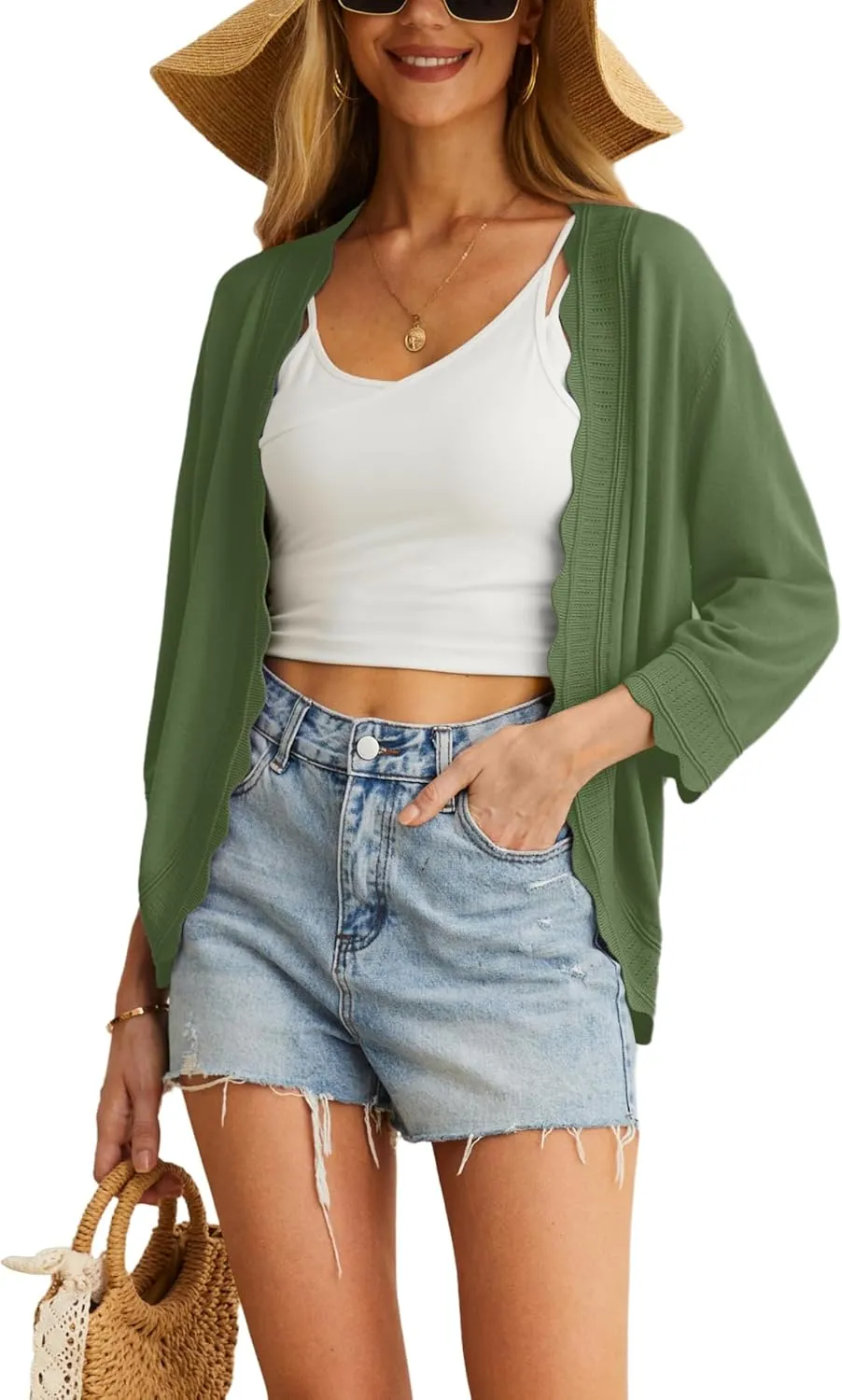 GRECERELLE Women's 3/4 Sleeve Summer Cardigan Lightweight Casual Open-Front Cropped Shrug Sweaters for Women