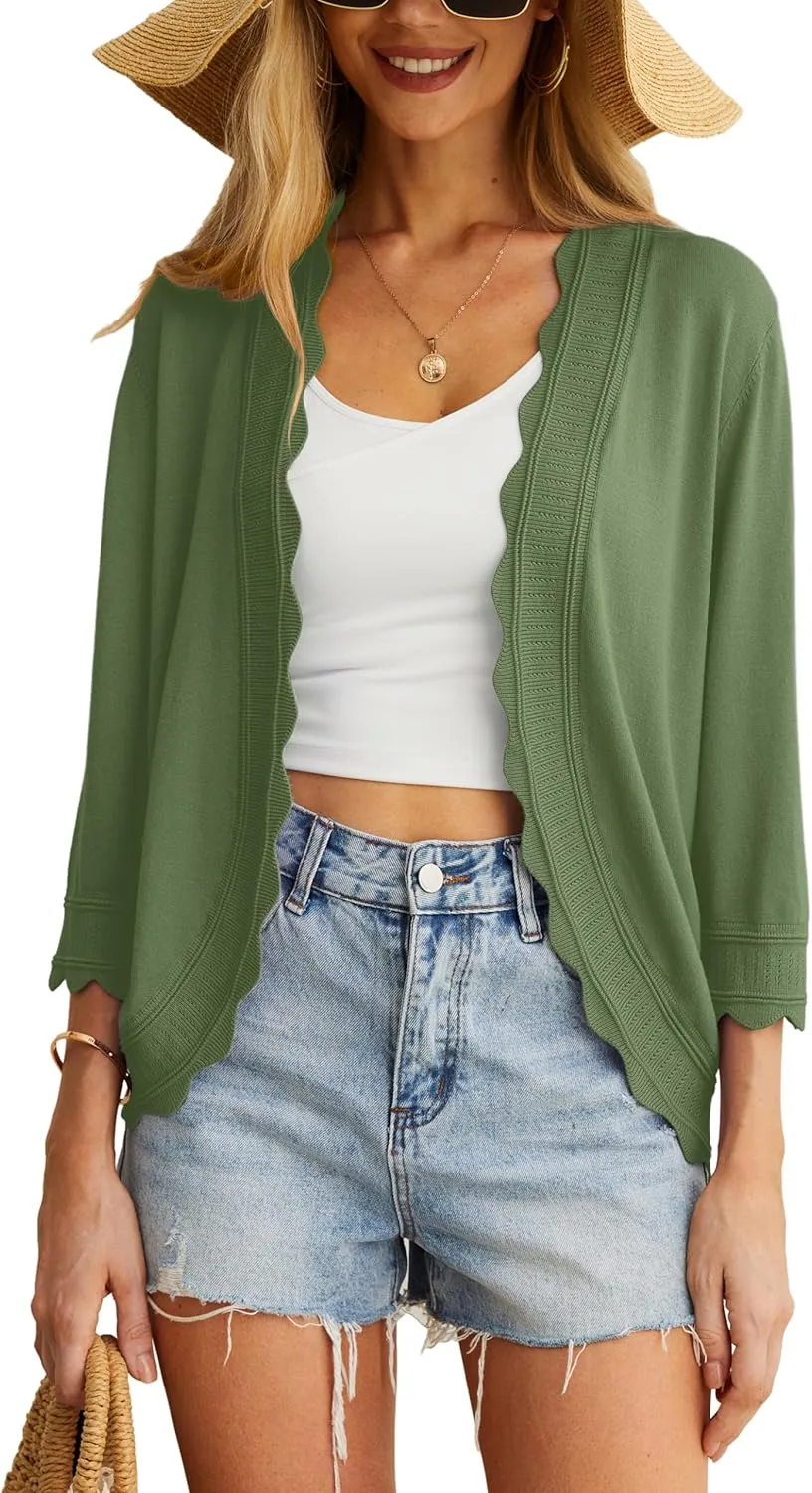 GRECERELLE Women's 3/4 Sleeve Summer Cardigan Lightweight Casual Open-Front Cropped Shrug Sweaters for Women
