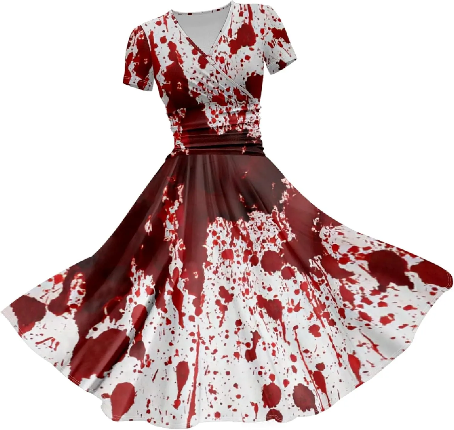 Halloween Dresses for Women Plus Size Bloody Print Short Sleeve V Neck Midi A-Line Horror Party Dress Costumes 2024