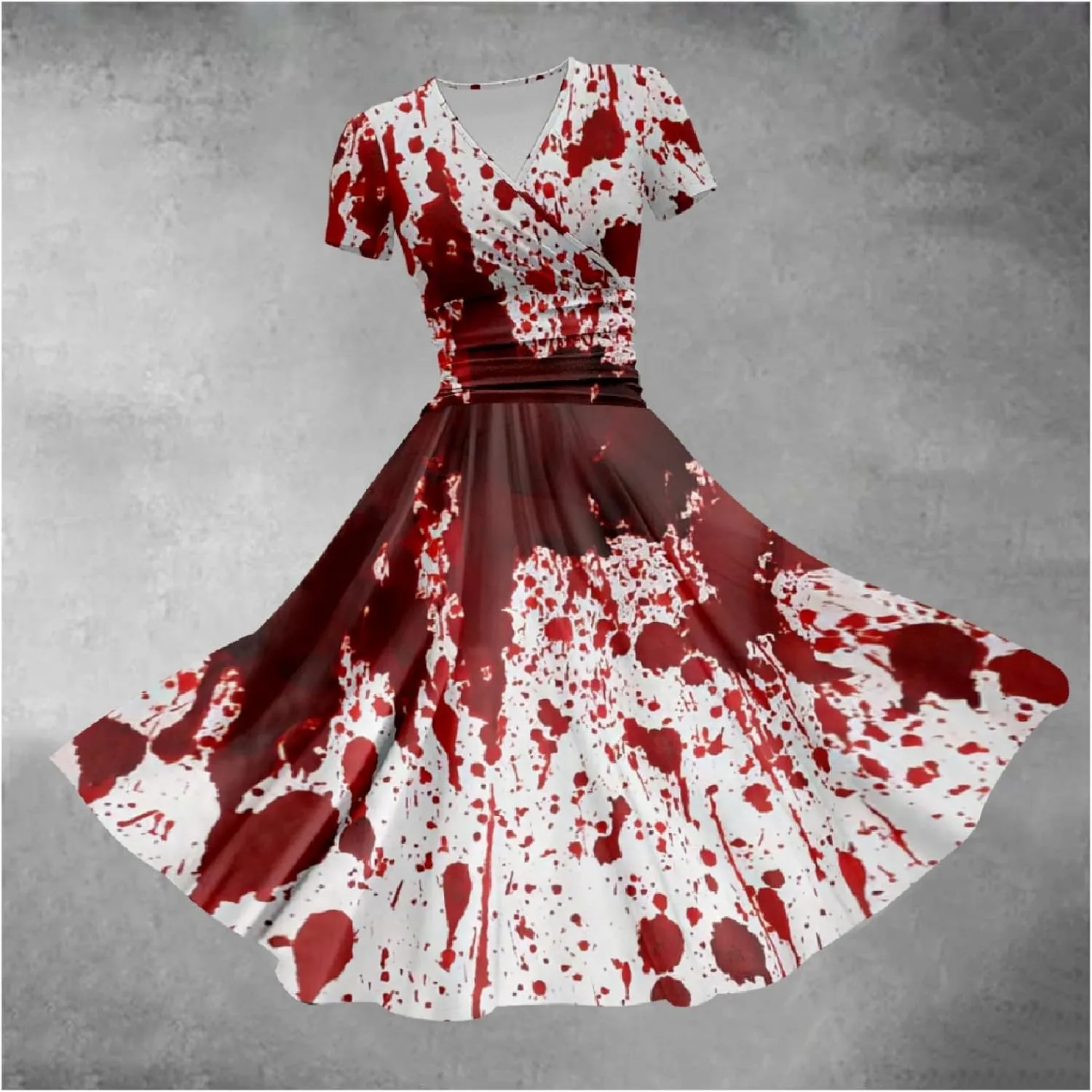 Halloween Dresses for Women Plus Size Bloody Print Short Sleeve V Neck Midi A-Line Horror Party Dress Costumes 2024