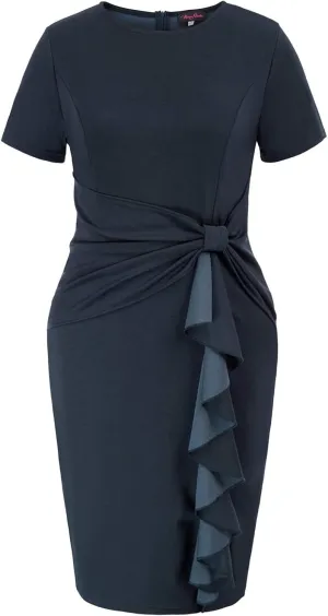 Hanna Nikole Wmens Plus Size Wear to Work Dress 50s Vintage Ruffle Peplum Cocktail Pencil Knee Dress