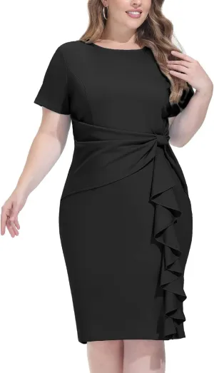 Hanna Nikole Wmens Plus Size Wear to Work Dress 50s Vintage Ruffle Peplum Cocktail Pencil Knee Dress