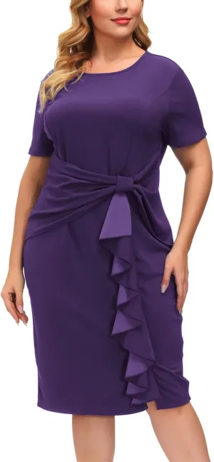 Hanna Nikole Wmens Plus Size Wear to Work Dress 50s Vintage Ruffle Peplum Cocktail Pencil Knee Dress