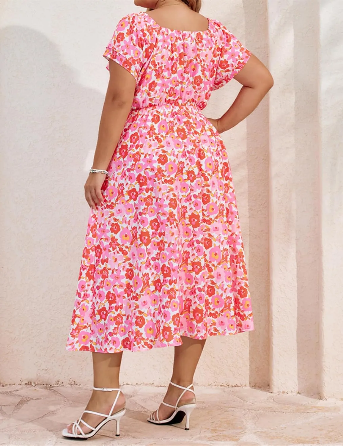 Hanna Nikole Women Dresses Plus Size Summer 2025 Off The Shoulder Boho Floral Casual Flowy Midi Dress with Pockets
