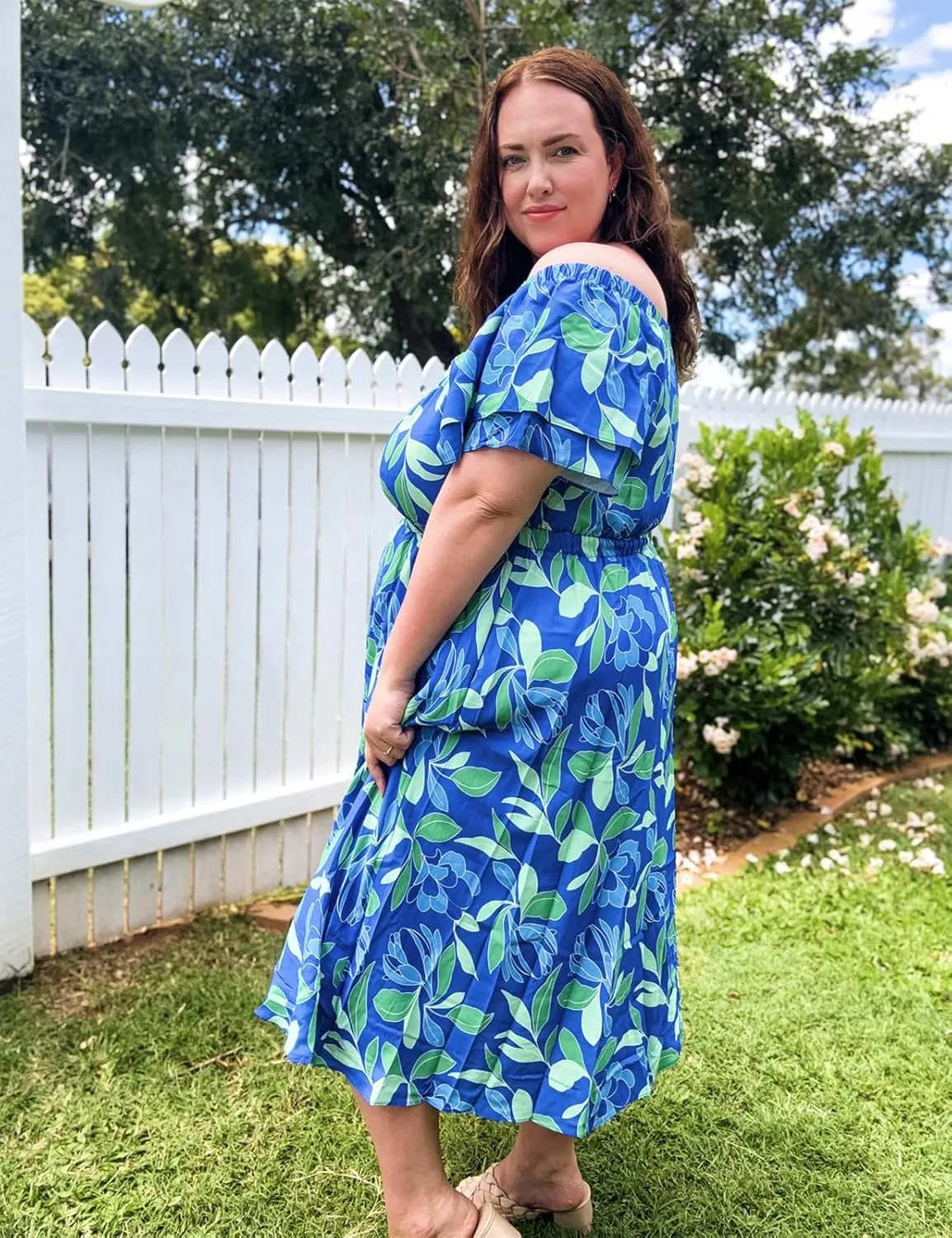 Hanna Nikole Women Dresses Plus Size Summer 2025 Off The Shoulder Boho Floral Casual Flowy Midi Dress with Pockets