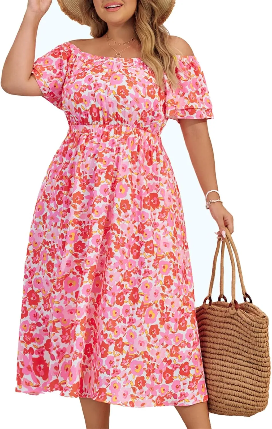 Hanna Nikole Women Dresses Plus Size Summer 2025 Off The Shoulder Boho Floral Casual Flowy Midi Dress with Pockets
