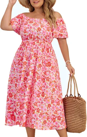 Hanna Nikole Women Dresses Plus Size Summer 2025 Off The Shoulder Boho Floral Casual Flowy Midi Dress with Pockets