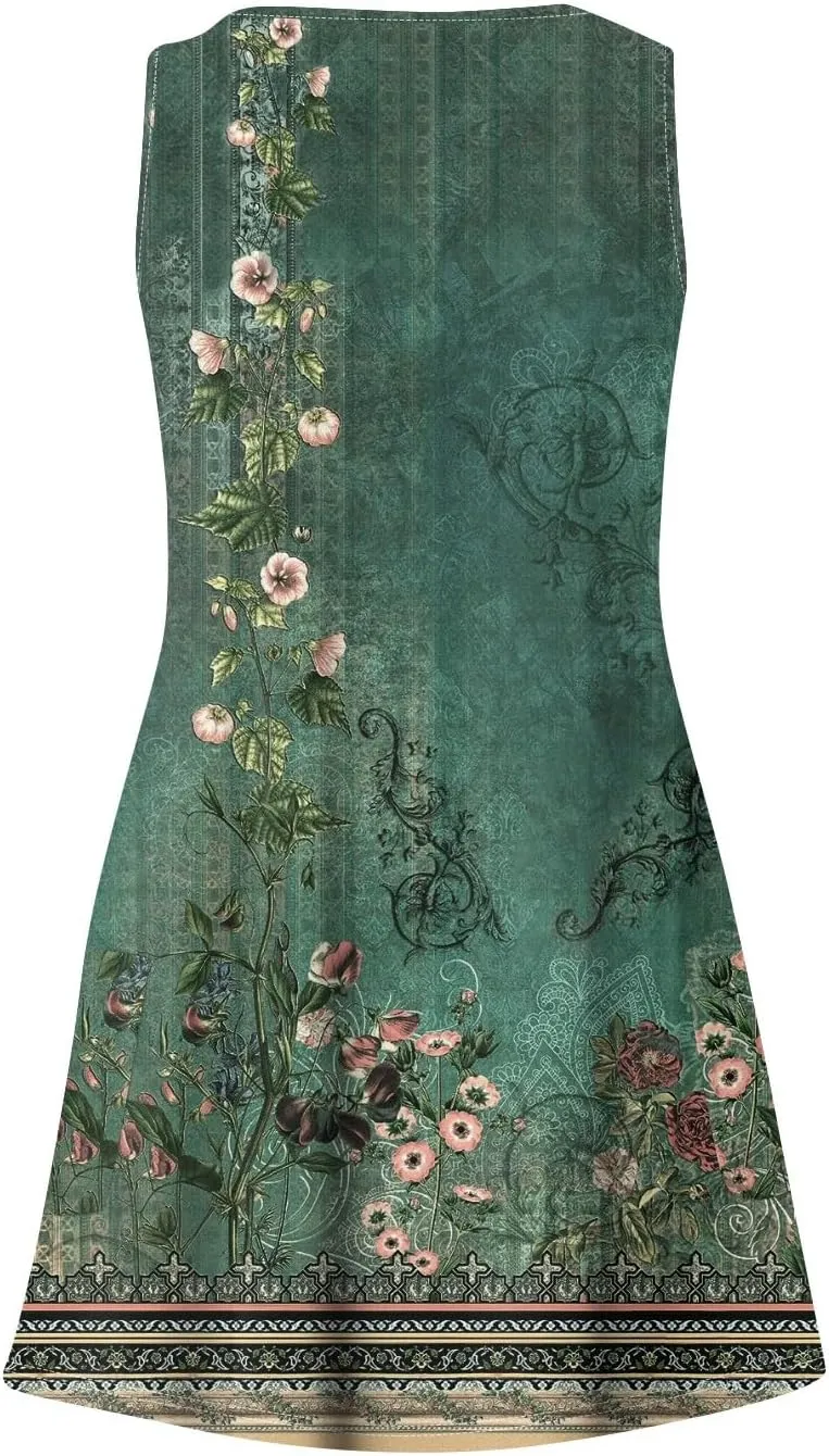 Hawaiian Dresses for Women Beach Casual Sleeveless Floral Print Boho Tank Dress V Neck Loose Pocket Summer Sundress