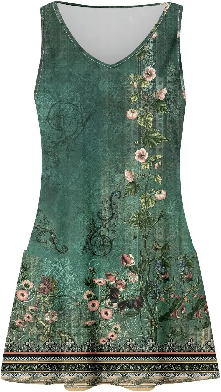 Hawaiian Dresses for Women Beach Casual Sleeveless Floral Print Boho Tank Dress V Neck Loose Pocket Summer Sundress
