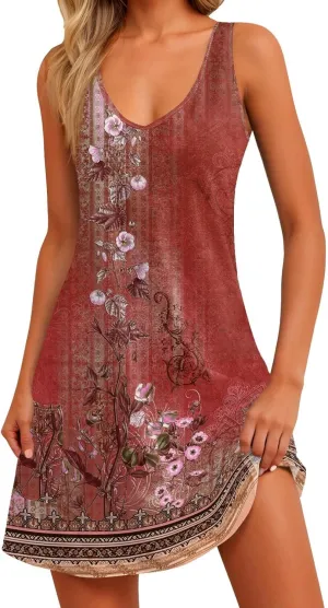 Hawaiian Dresses for Women Beach Casual Sleeveless Floral Print Boho Tank Dress V Neck Loose Pocket Summer Sundress